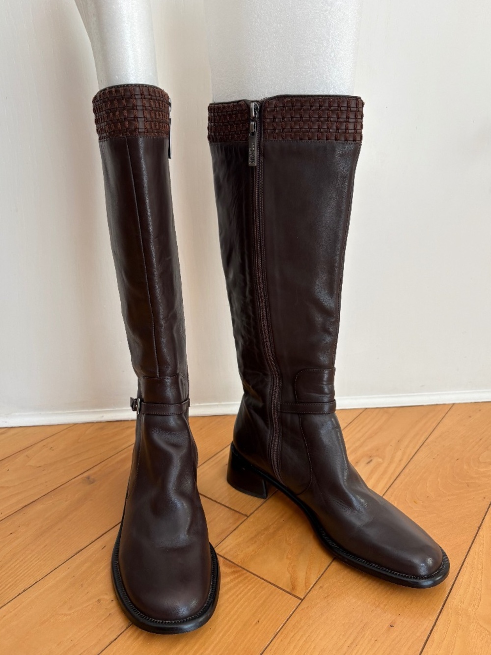 The Sak Boho Cocoa Brown Leather Quiet Luxury Tall Riding Boots Woven Cuff 8M